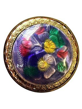 Vintage Reverse Carved Lucite Brooch Gold Tone Floral Pin 1950s New Old Stock